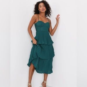 Lulus Cascading Crush Emerald Green Tiered Bustier Midi Dress